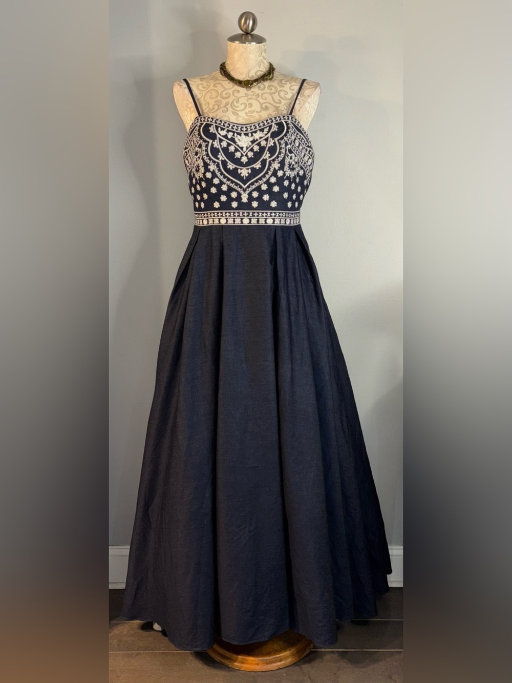 BETSY & ADAM Embroidered Denim Ball Gown Size 14